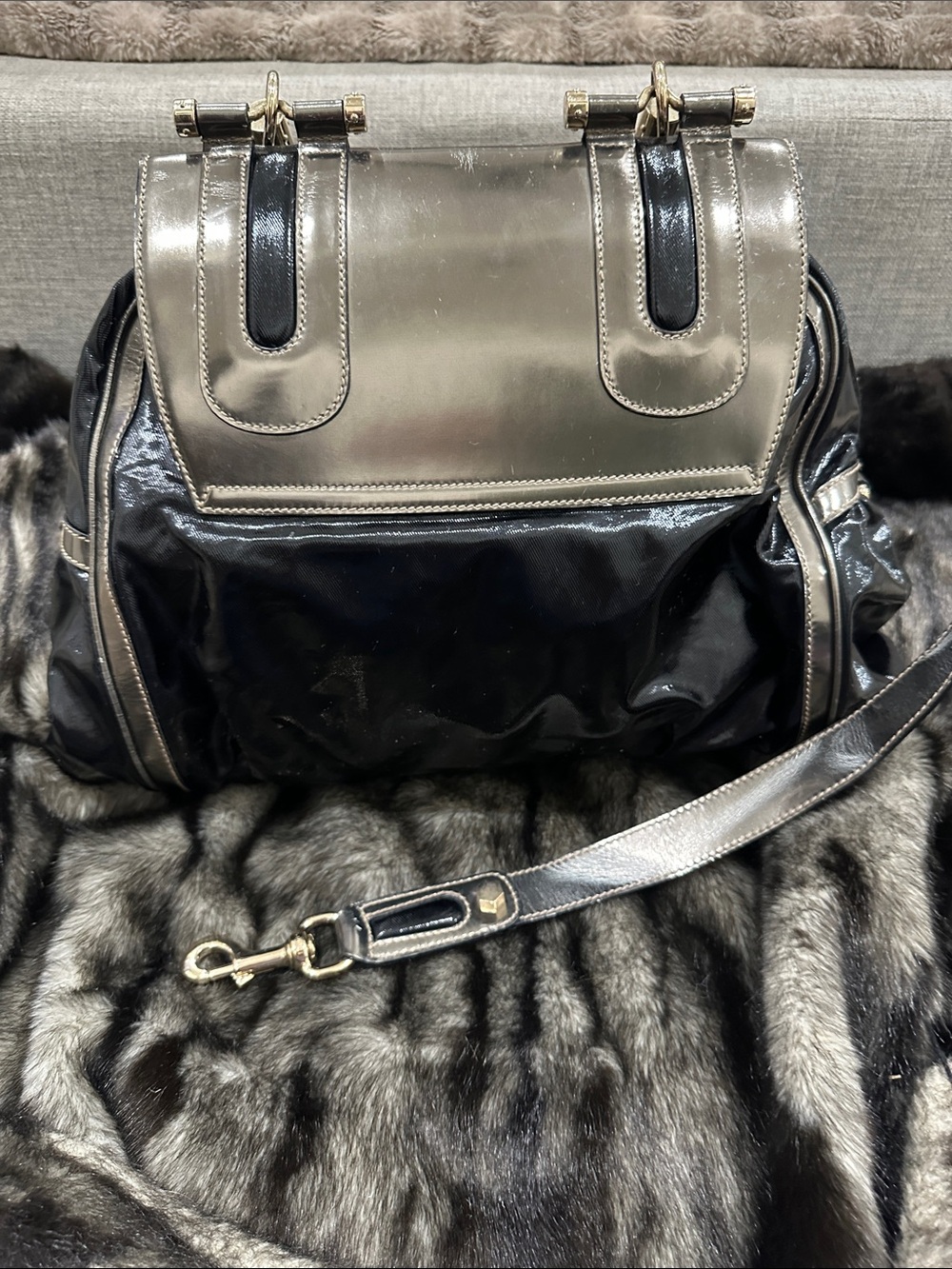 GUCCI metallic Silver and Black Top-Handle GUCCI bamboo LARGE purse - Picture 5 of 16